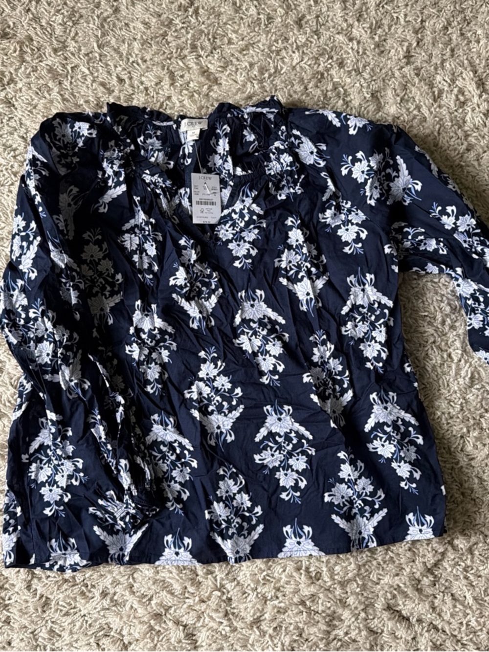 J. Crew Navy and White Floral Peasant Top